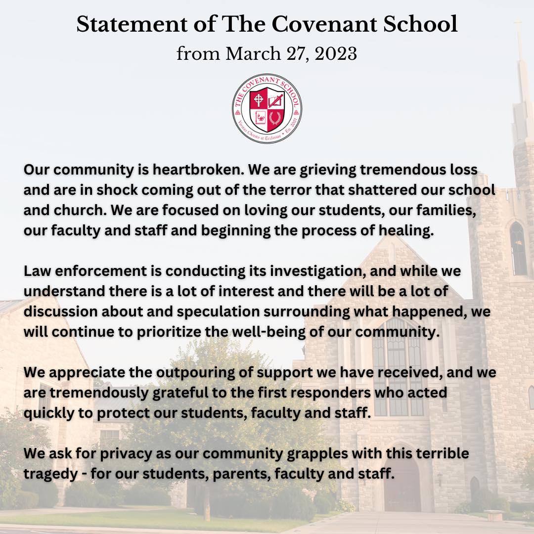 聖約學校於槍擊案後發表聲明。
